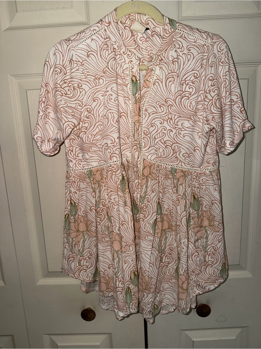 Anthropologie Peach & Green Floral Babydoll Blouse